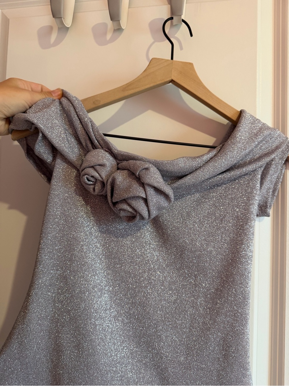 Zara Silver Metallic Bardot Tunic with Rose Appliqués